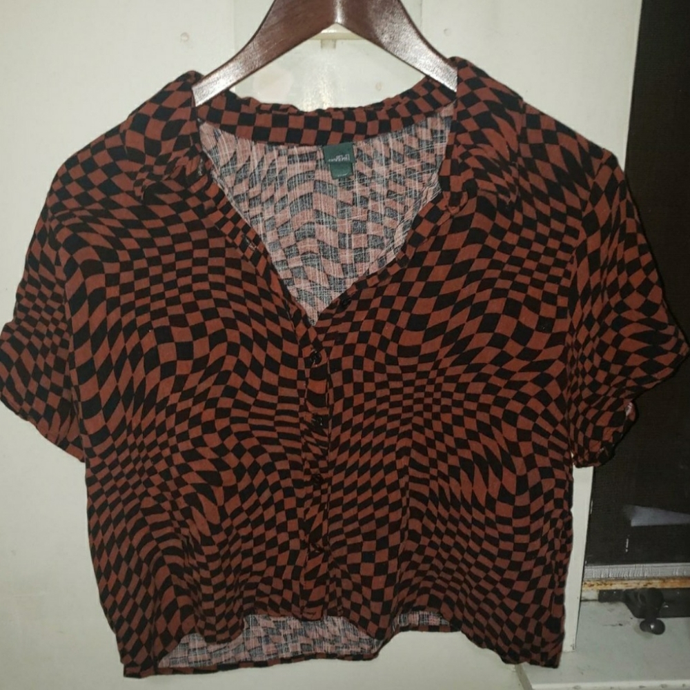 Wild Fable Maroon Checkered Button Down Blouse Size Large